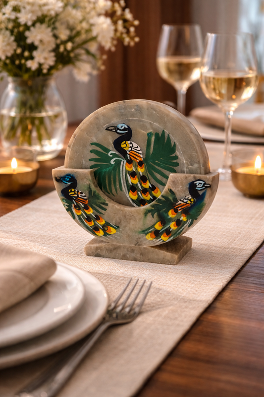 Khumali Crafts Peacock Hand-Painted Marble Tea Coaster Set