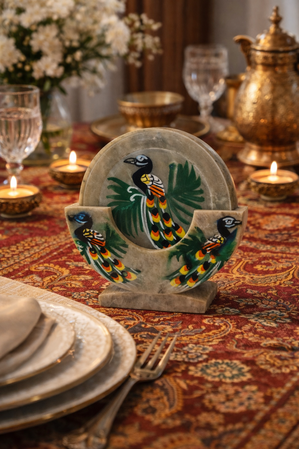 Khumali Crafts Peacock Hand-Painted Marble Tea Coaster Set