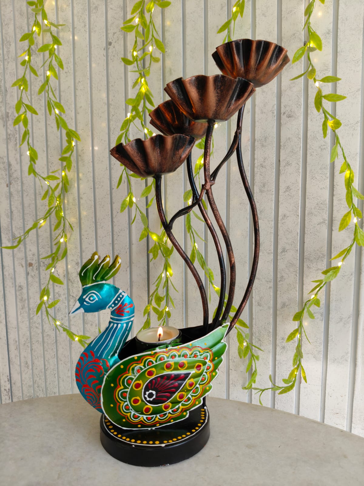 Iron Lotus-Peacock Tlight Stand
