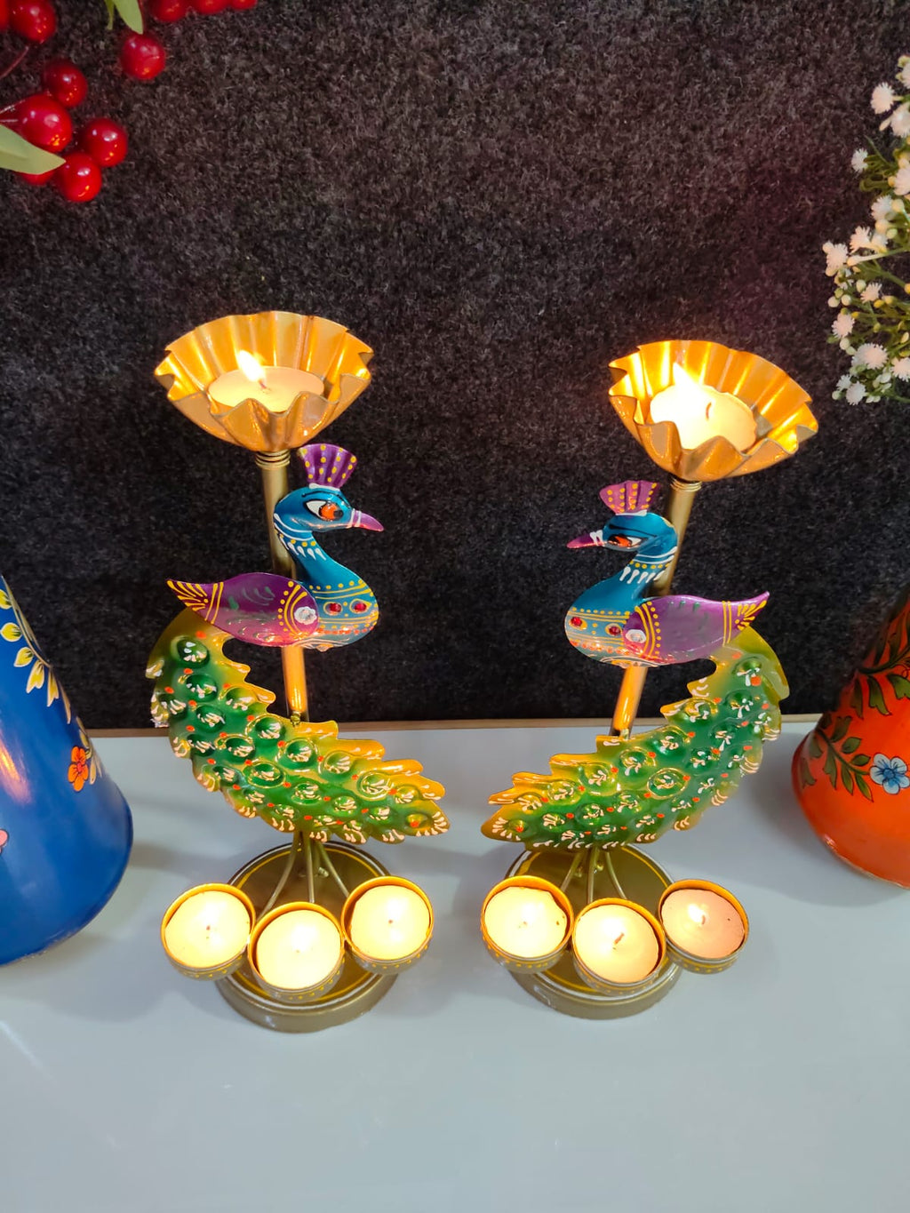 Iron peacock Tlight stand Big set of Two