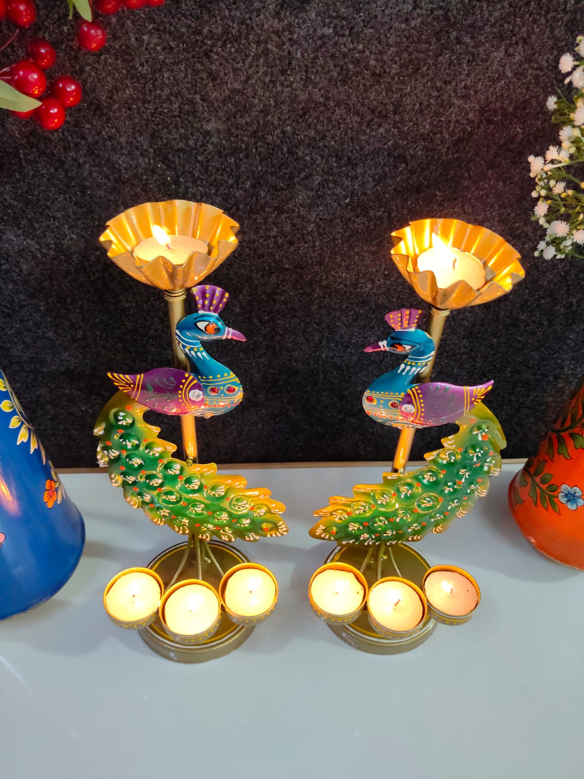 Iron peacock Tlight stand Big set of Two