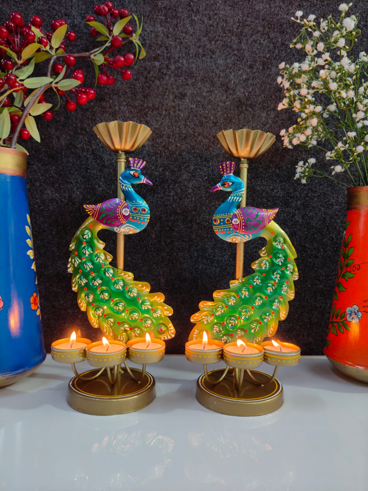 Iron peacock Tlight stand Big set of Two
