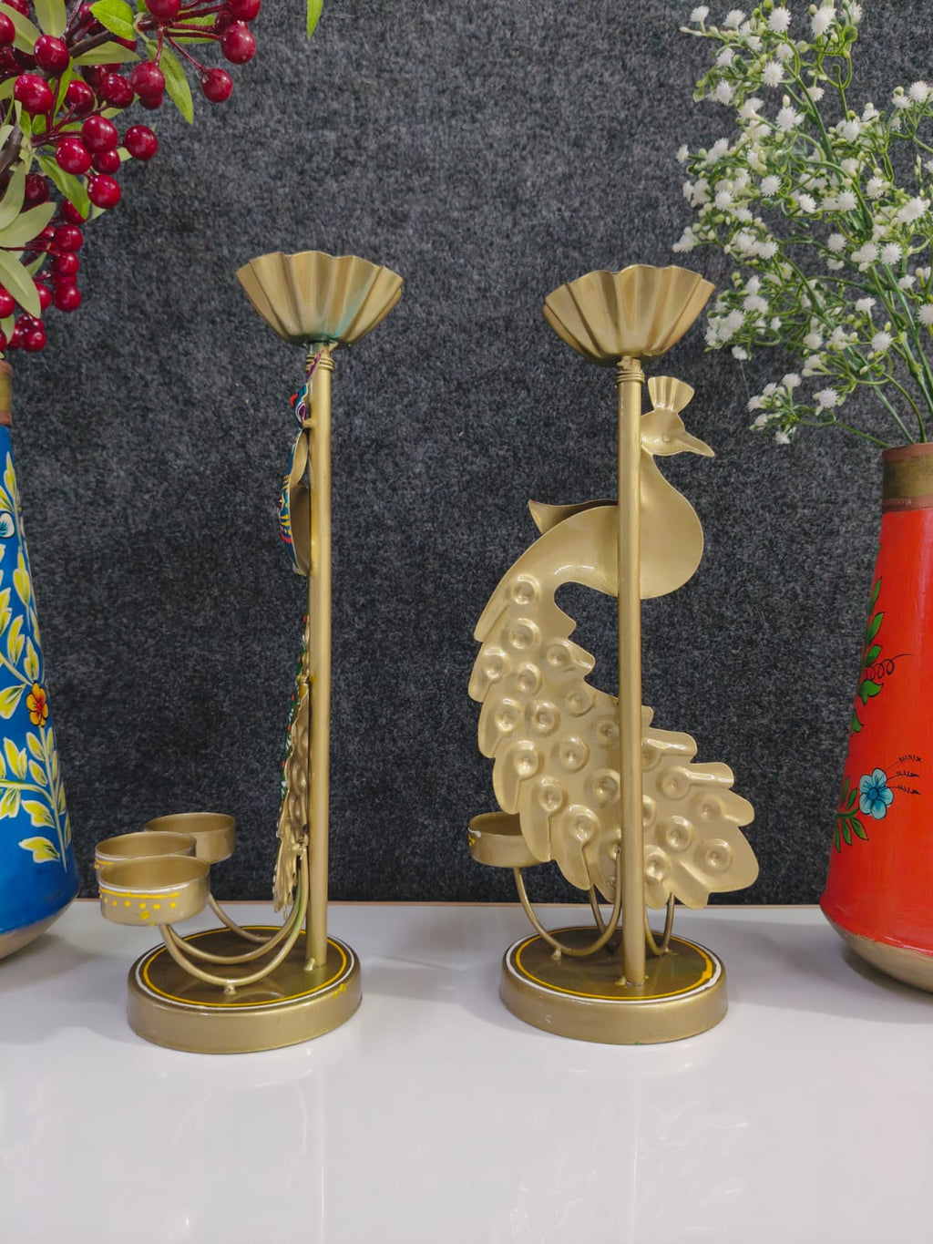 Iron peacock Tlight stand Big set of Two
