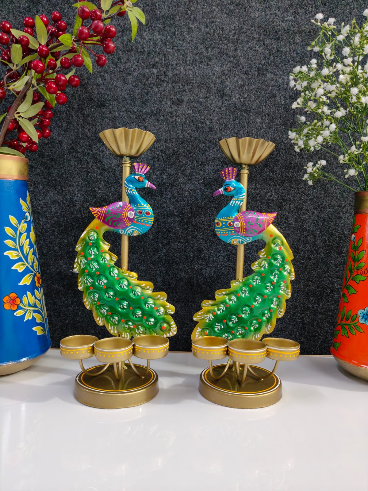 Iron peacock Tlight stand Big set of Two