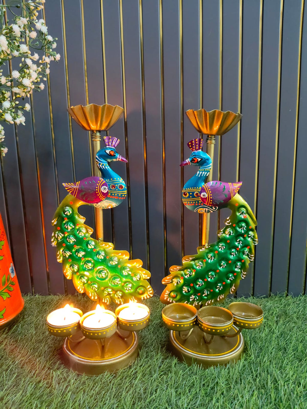 Iron peacock Tlight stand Big set of Two
