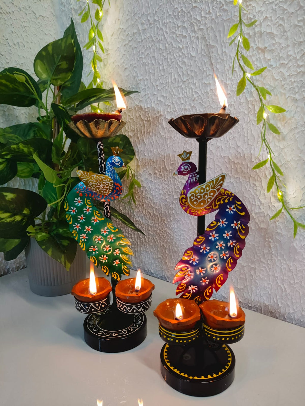 Iron baby peacock Tlight stand Big set of Two