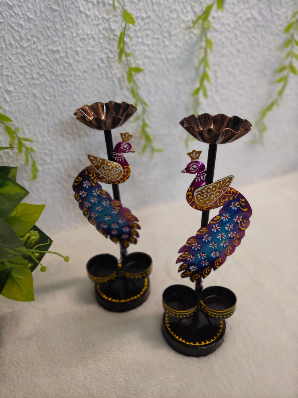 Iron baby peacock Tlight stand Big set of Two