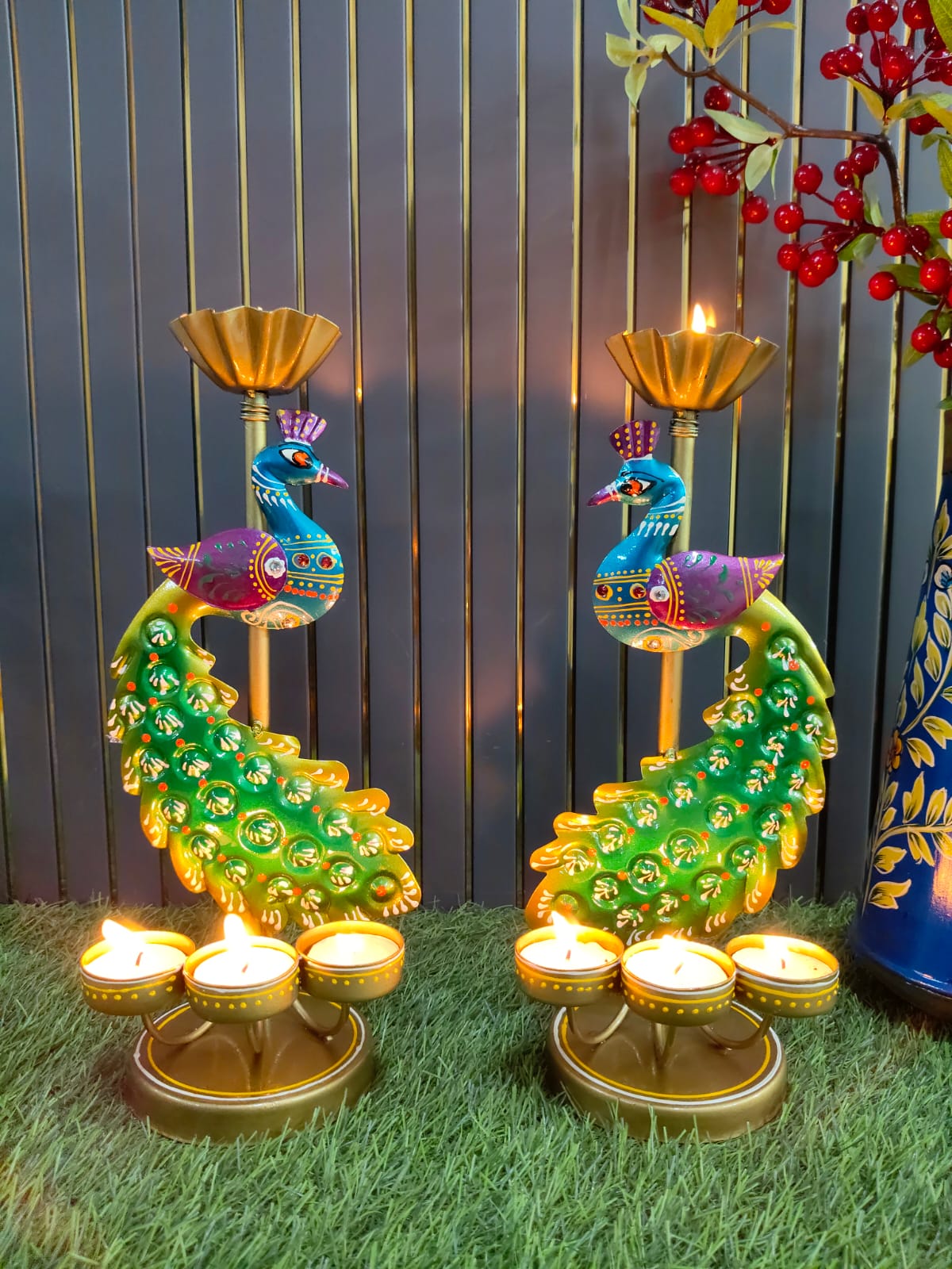 Iron peacock Tlight stand Big set of Two